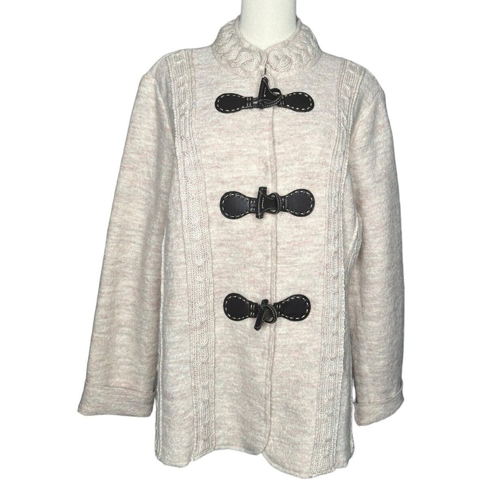 Venario Dina 100% Wool Womens Ivory Sweater Jacket‎ w/ Faux Leather Toggles L/XL